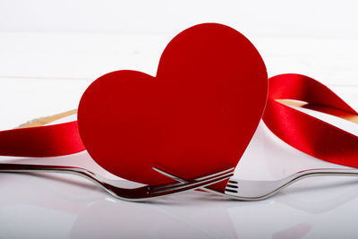 Close-up of heart shape on table against white background