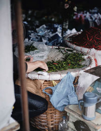 High angle view of chili at market stall