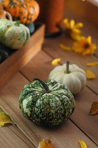 Close-up of pumpkins on table