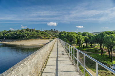 Empty footbridge leading towards trees