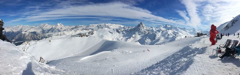 Panoramic view of snowcapped mountains against sky