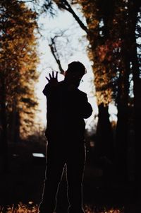 Silhouette man standing by tree against sky during autumn