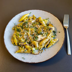 High angle view of food in plate on table
