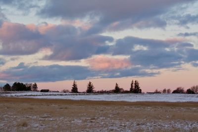 Scenic view of snow covered land against sky during sunset