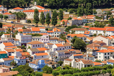 High angle view of buildings in town