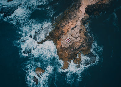 Aerial view of rocks in sea