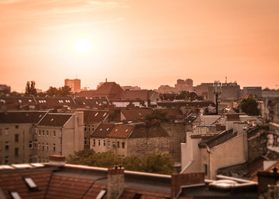 High angle view of townscape against sky during sunset