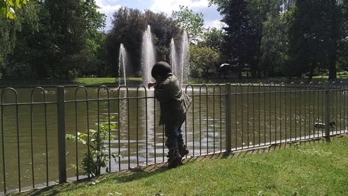 Rear view of man standing by railing against trees