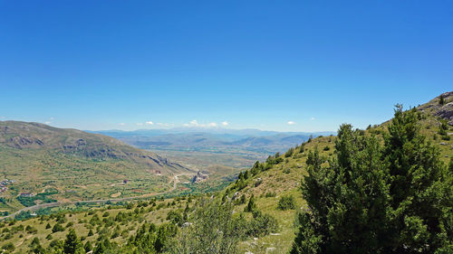 Scenic view of landscape against clear blue sky