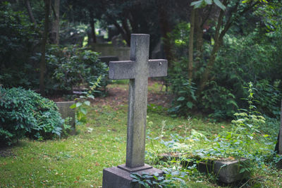 View of cross in cemetery