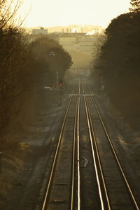 High angle view of railroad tracks in crawley  against sky