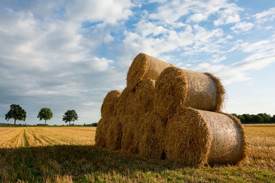 Pile of hay bales in field