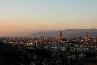 High angle view of townscape against sky during sunset