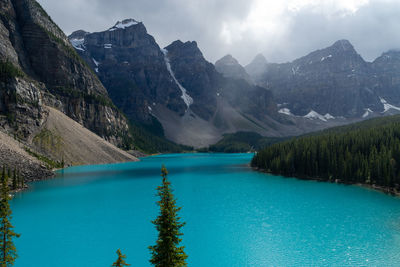 Scenic view of lake and mountains against sky