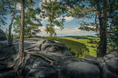 Scenic view of rocks on land against sky