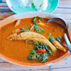 High angle view of soup in bowl on table