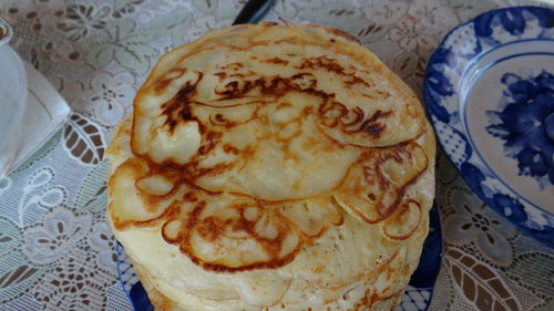 High angle view of bread in plate on table