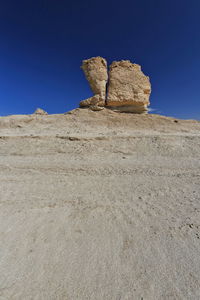 Low angle view of rock formation on land against clear blue sky