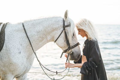 Side view of horse standing at beach