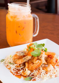 Close-up of food served on table