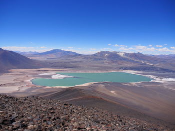 Scenic view of lake and mountains against blue sky