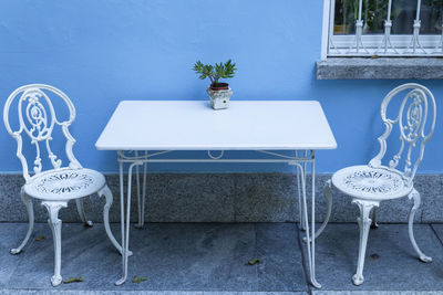 Potted plant on table against building