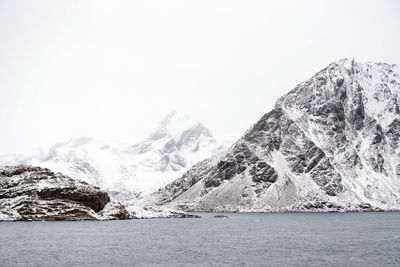 Snowcapped mountains and lake against sky