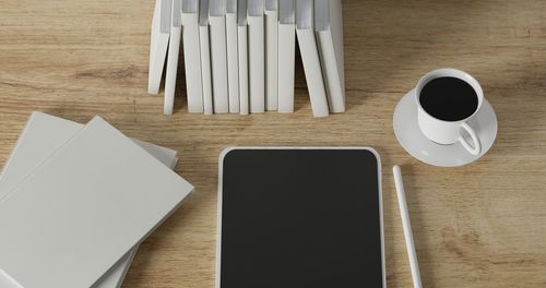 High angle view of coffee cup on table