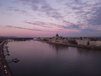 Evening view of parliament. colorful sanset in budapest, hungary, europe.