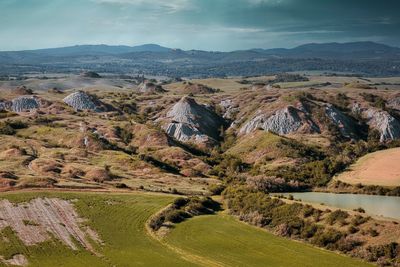 High angle view of land against sky