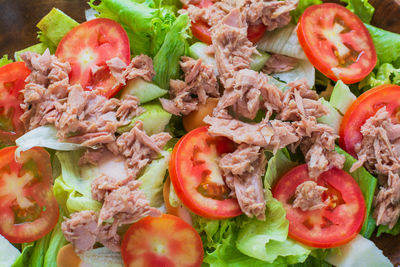 Top view tuna salad with red raw tomato, fresh lettuce. hight vitamins and low fat for loose weight. 