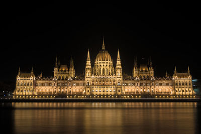 River against illuminated buildings at night