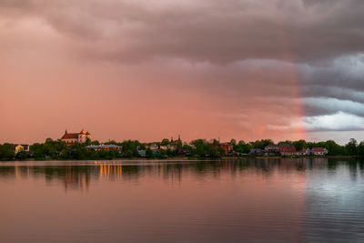 Scenic view of lake against sky at sunset