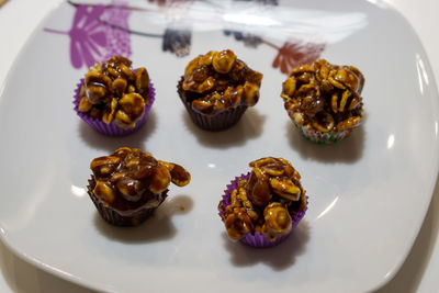 High angle view of dessert in plate on table