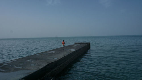 Rear view of man on sea against sky