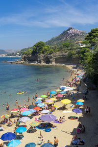 High angle view of boats on beach