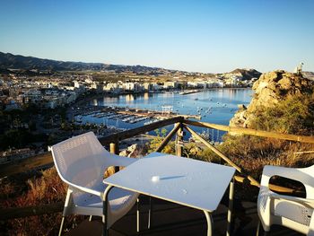 Scenic view of sea against clear blue sky