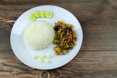 High angle view of breakfast served on table