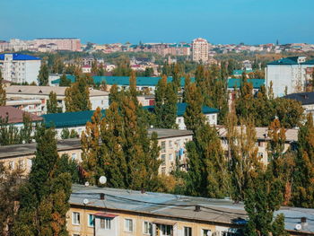 High angle view of residential buildings against sky