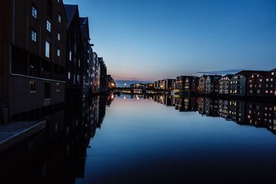Canal amidst buildings against clear sky at sunset