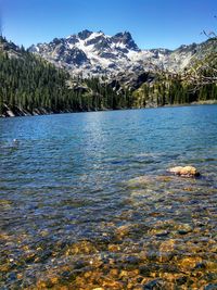 Scenic view of lake by snowcapped mountains against clear blue sky