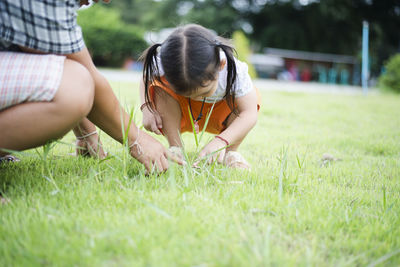 Rear view of woman sitting on grass