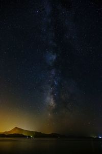 Scenic view of silhouette mountain against sky at night