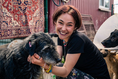 Dog at the shelter. animal shelter volunteer takes care of dogs. dog at the shelter. 