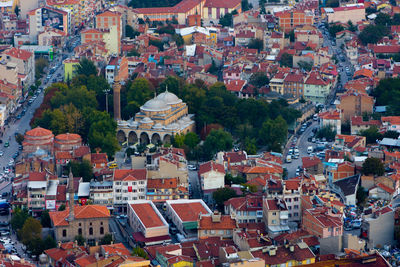 High angle view of buildings in town