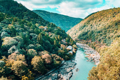 High angle view of river amidst trees against sky