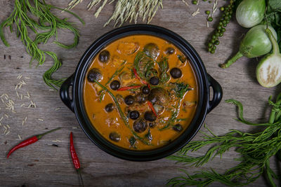 High angle view of soup in bowl on table