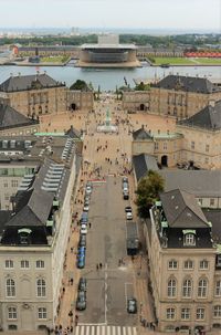 High angle view of copenhagen street amidst buildings in city