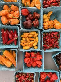 High angle view of hot peppers for sale at market stall