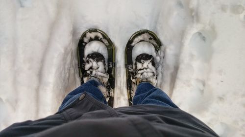 Low section of person wearing snowshoe on field